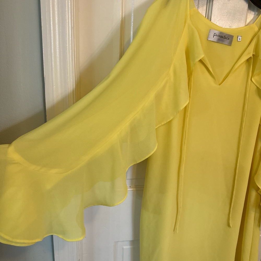 P. LUCA MILANO YELLOW V-NECK W/TIE RUFFLE MIDI‎  DRESS~ SIZE SMALL CLASSY - Picture 3 of 9